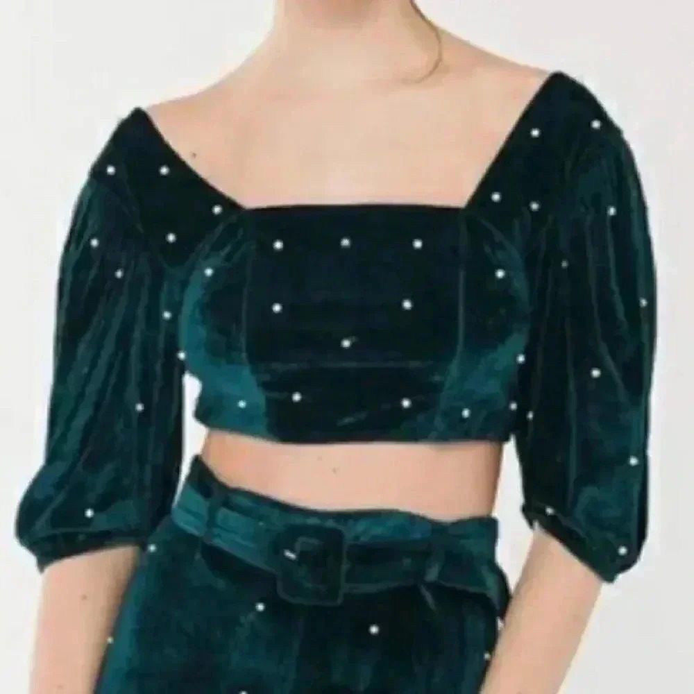Urban Outfitters Velvet Top Pearl Embellished Crop Emerald Green Women's Small